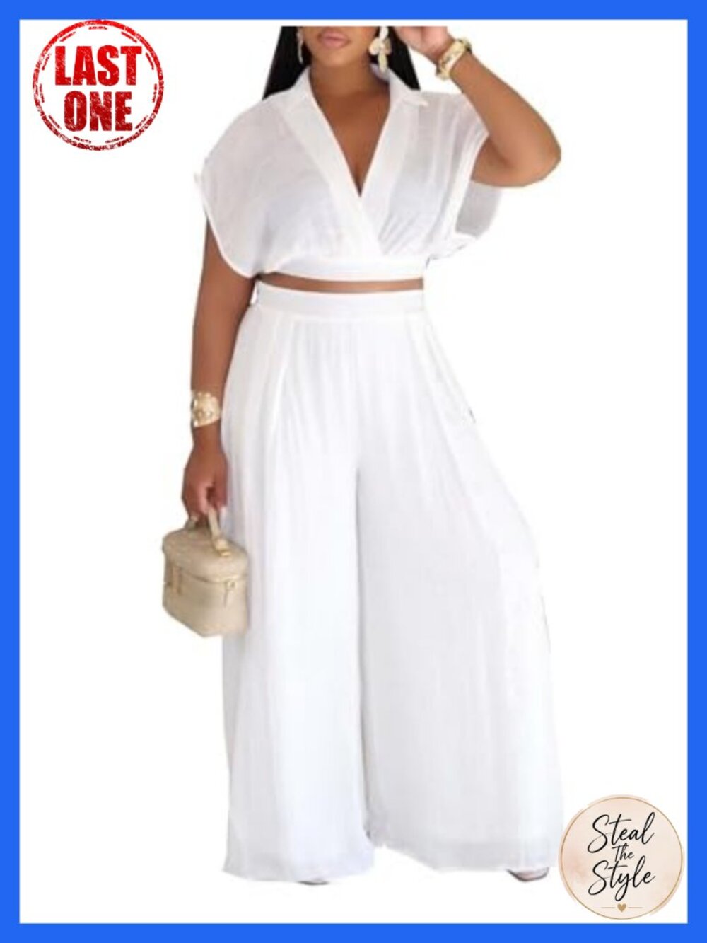 2 Piece Outfit Crop Top Wide Leg Pants Set Wrap V Neck